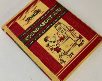 Children's text book, Round About You Calif State series, 1938 edition, elementary reading, color illustrations, food transportation poems