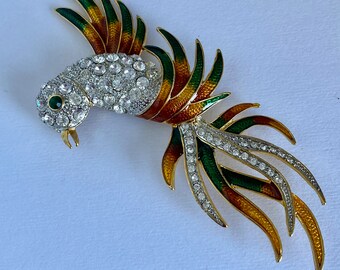 Vintage Parrot brooch, rhinestone and enamel, golden setting, 3 x 5 inches, red green gold, rollover pin, statement jewelry, bird brooch