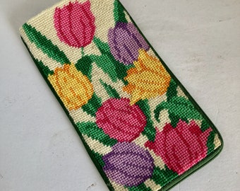 Tulip eyeglass case, 3 x 7 inches, floral design, pink yellow lavender, green velvet backing, zipper closure, cell phone case