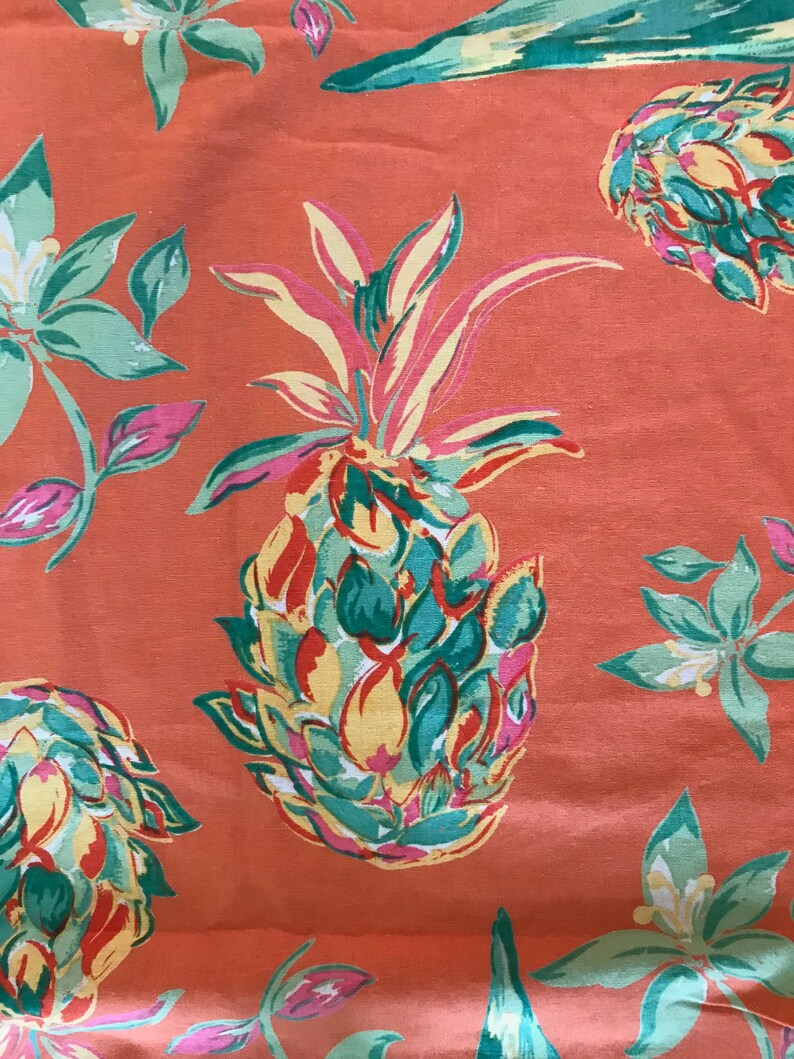 April Cornell tablecloth, 56 x 78 inch table covering, 6 inch border, orange green gold, Pineapple pattern, tropical linen, colorful decor, image 2