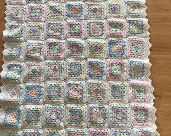 Vintage Baby blanket, granny square design, crochet afghan, hand crocheted, pastel colors pink blue yellow, 26x46", small quilt, 1960s style