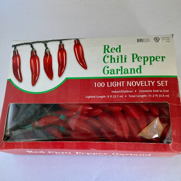 Red Chili Pepper, Garland lights, 100 chilis, Indoor/Outdoor, 9 ft lighted length, 11.3 total length, UL approved, end Connects, Patio decor