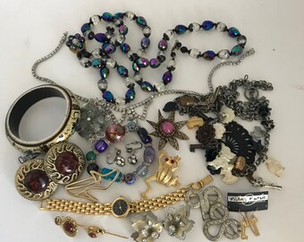 Costume Jewelry grab bag of vintage jewelry, assortment necklace earrings bracelets watch, repurpose jewelry, mystery box, baubles and beads