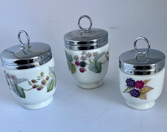 Vintage Royal Worcester, egg coddlers, set of 3, berries and peach white porcelain silver-tone lids, coddled eggs, pre-owned from England