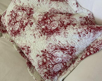 Red White Toile Pillow Sham 24x32, Quilted Euro Sham, Scalloped Edge Bed Pillow Cover, French Country Sofa Decor