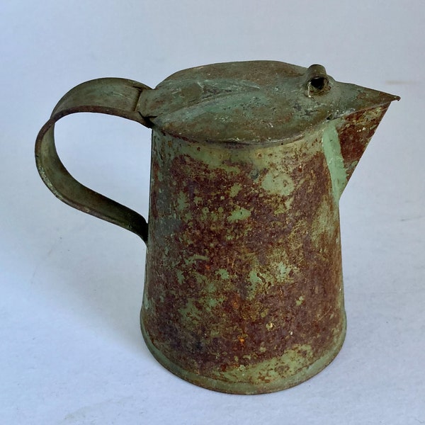 Rustic pitcher, metal container, 4 x 4 inches, verdigris color, vintage creamer, farmhouse decor,