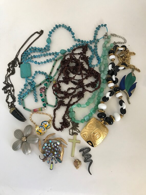 Vintage jewelry grab bag, assorted necklace pins … - image 1