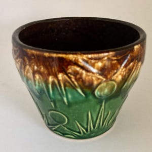Vintage Robinson Ransbottom Sun  Moon Jardiniere Cache Pot, Roseville Stoneware Planter, Green Brown Pottery, RRP Ohio Art Pottery