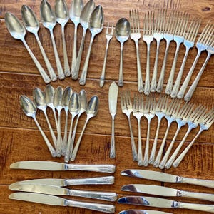 May include: A large collection of silver-toned flatware including various spoons, forks, and knives. The set features multiple dinner spoons, teaspoons, dinner forks, salad forks, a small cocktail fork, a butter knife, and several dinner knives.
