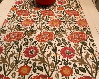 Table Runner, Art Nouveau pattern, 24x68", orange gold green, Wm Morris style, floral table linen, carnation runner, dining and serving