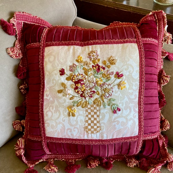 Silk ribbon embroidery, decorative pillow, bouquet of flowers, burgundy off white, pleated design, tassel trim, velvet corners, 18" cushion