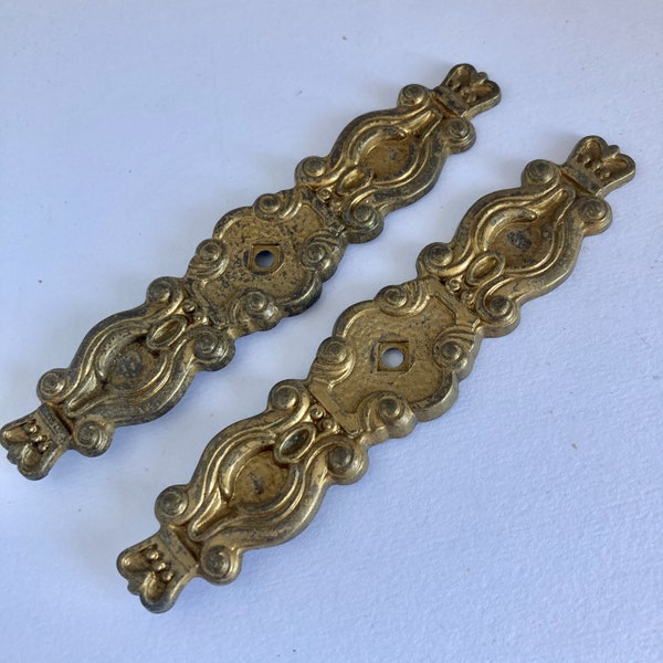 Pair of drawer pulls, back plates, 1 x 5 1/4 inches, metal hardware, brass-like escutcheon, restoration project, furniture cabinet decor