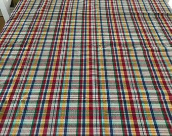 46 x 90" tablecloth, plaid fabric, green blue red yellow, table linens, country decor, farmhouse decorating, dining room cloth, fringed edge