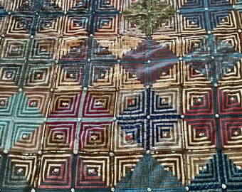 Antique quilt, log cabin design, 68 x 81 inches, early 1900s, light and dark, rustic style, brown blue red, handmade bedding, shows wear