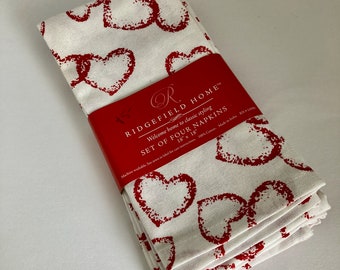 Red Hearts, four napkins, red and white, 18 x 18 inches, Valentine's day, anniversary party, romantic dinner, friendship gift
