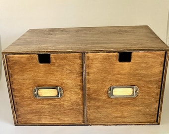 Vintage Wood File Card Box, 2 Drawer Card Catalog, Wooden Storage Cabinet with Label Holders, Office Decor, Library Filing Box, 13 x 11 x 7