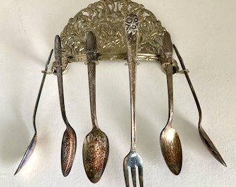 Ornate Silver Tone Spoon Rack, Hanau Style, Holds 6 Spoons, 5x5 Inches, Germany or India, Jewelry Holder