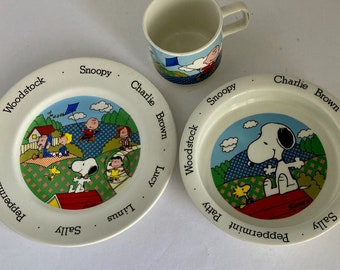 Peanuts Gang, Vintage Ceramic set, 3 pieces, Johnson Bros, 1965 edition, bowl plate cup, made in England, Snoopy porcelain kid's dish set,