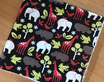 Baby Blanket, Baby Elephant Ears, 27 x 29 inches, black red white green, minky fabric back, elephant giraffe hippo, safari animals,