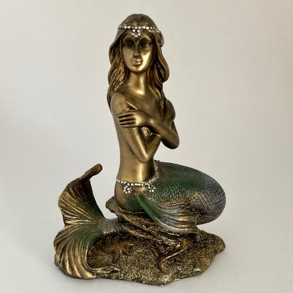 Modest Mermaid cold cast bronze statue sea nymph figurine, 5 x 6" handpainted figure, nautical decor, art nouveau style, collector gift