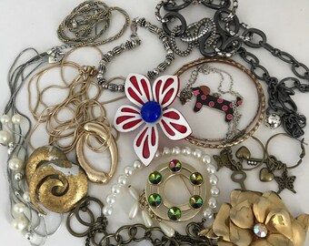 Grab Bag, vintage jewelry, assortment, necklace, earrings, bracelets, for repurpose, mystery box, costume jewels