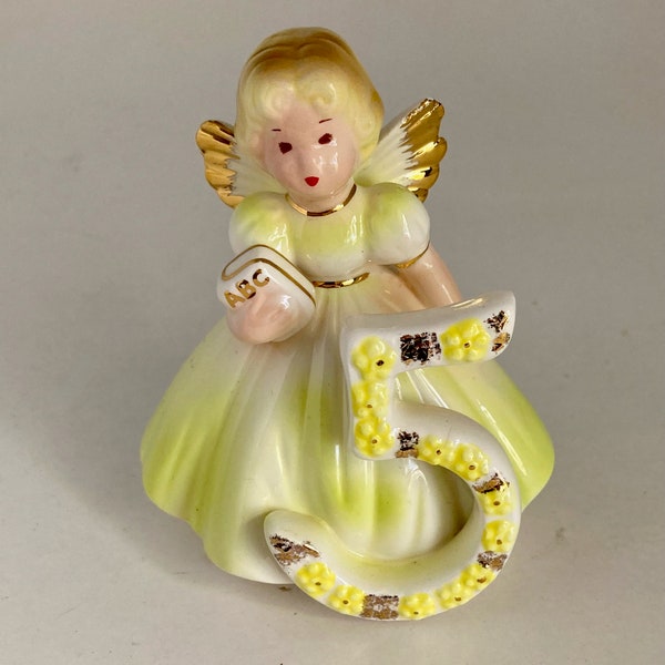 Vintage Josef Original, ceramic doll, for 5 year old, yellow dress, gold trimmed wings, holding ABC book, collectible figurine, has label