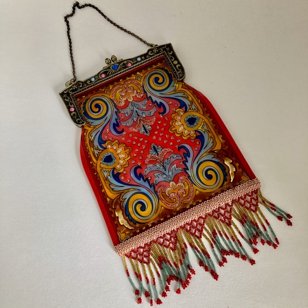 Stained Glass, sun catcher, faux evening bag, beaded purse, Amia design, 6 x 8 inches, 2" fringe, 10" handle, Jeweled frame, window decor