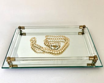 Art Deco Vanity Tray with Mirror, Brass Corner Accents, 8 x 11 Inch Dresser Tray, Vintage Glam Decor
