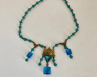 Turquoise blue 18" Necklace, blue stones with golden pendant, dangling beads and beaded chain, blue and gold jewelry Egyptian style