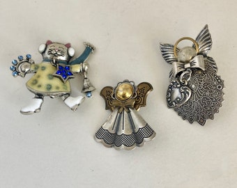 3 silver tone pins, Kitty with bell, 2 tone angel, Angel heart charm, 2 inch brooches, cat jewelry, cat with earmuffs, embossed angel