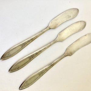 May include: Three silver-toned butter knives arranged diagonally. Each knife features a rounded, flat blade and a tapered handle decorated with an embossed, intricate scrollwork pattern near the base and a smooth, rectangular panel in the center.