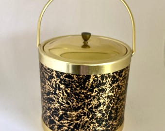 Vintage Hollywood Regency Ice Bucket, Black and Gold Textured Finish, Brass Trim, Mid Century Modern Barware, Made in Italy, 8x8 inches