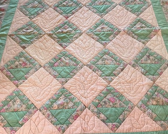Basket Quilt, 70 x 88 inches, pink green, pastel colors, country decor, farmhouse bedding, cottage core linens, pretty throw, warm cozy