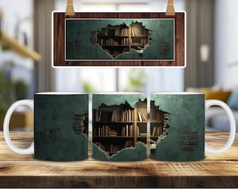 3D Effect Realistic Books Mug Book Lover Mug Cracked Mug Design Broken Wall Bookshelf Mug 11oz