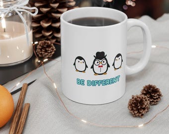 Be Different Cute Penguin Mug, Funny Animal Coffee Cup, Unique Gift for Penguin Lovers, Quirky Tea Mug, Adorable Penguin Drinkware