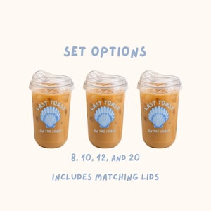 May include: Three clear plastic cups filled with iced coffee, each with a matching lid. The cups have a blue seashell logo that reads "Last Toast On The Coast." Text above reads "Set Options," and below, "8, 10, 12, and 20 Includes Matching Lids."