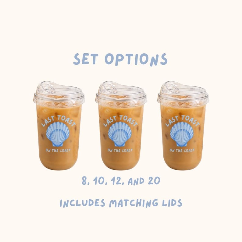 May include: Three clear plastic cups filled with iced coffee, each with a matching lid. The cups have a blue seashell logo that reads "Last Toast On The Coast." Text above reads "Set Options," and below, "8, 10, 12, and 20 Includes Matching Lids."