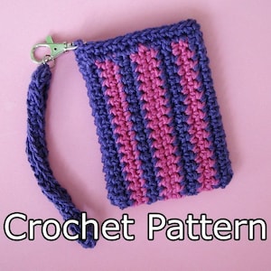May include: A crocheted purple and pink striped pouch with a purple crocheted strap and a silver clasp. Crochet Pattern.