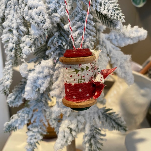 Vintage Wood Spool Ornament Holiday Christmas Decor