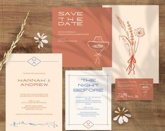 May include: A set of wedding invitations with a rustic theme. The invitations are printed on cream paper with brown and blue accents. The text on the invitations includes the names Hannah and Andrew, the date of the wedding, and the location of the wedding. The invitations also include a save the date card with a cowboy hat illustration.