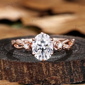 Oval Moissanite Engagement Ring 14kGold Leaf Branch Nature Inspired Wedding Ring Custom Rose Flower June Birth Flower Women Anniversary Ring