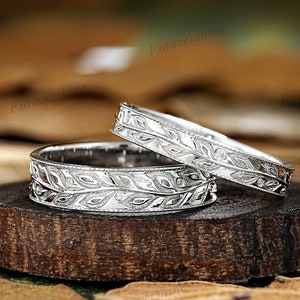 14k White Gold Leaf Couple Rings Set, Leaf Vine Nature Inspired Wedding Rings For Women And Men, Vintage Moissanite Mens Wedding Ring Band