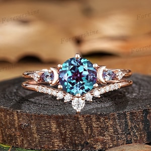 Vintage Round Alexandrite Engagement Ring Set, Custom Moon Rose Gold Promise Rings For Women Moissanite Curved Wedding Band Anniversary Ring