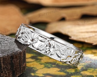 Nature Inspired Morning Glory Wedding Ring Antique White Gold Leaf Floral Mens Ring Wedding Band September Birth Flower Matching Couple Ring