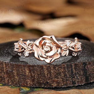 Custom Rose Flower Engagement Ring, Nature Inspired Leaf Branch Wedding Ring, 14k Gold June Birth Flower Promise Anniversary Rings For Women