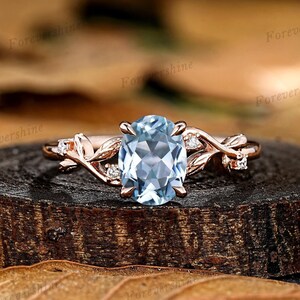 Vintage Oval Aquamarine Engagement Ring 14k Gold Leaf Nature Inspired Promise Rings For Women Custom Nature Blue Aquamarine Wedding Rings