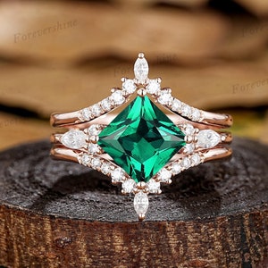 Princess Cut Emerald Engagement Ring Set Vintage Double Curved Moissaite Wedding Rings For Women 14k Gold Enhancer Anniversary Promise Ring