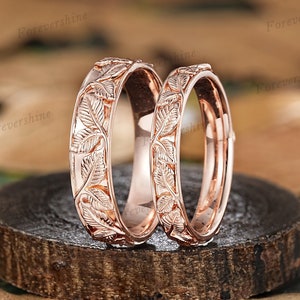 14k Gold Leaf Couple Rings Set For Women And Men Custom Leaf Nature Inspired His And Hers Wedding Bands Full Eternity Engagement Rings Set