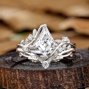 Kite Cut Moissanite Engagement Ring Set Custom White Gold Anniversary Rings Gift For Her Nature Inspired Leaf Floral Promise Rings For Women