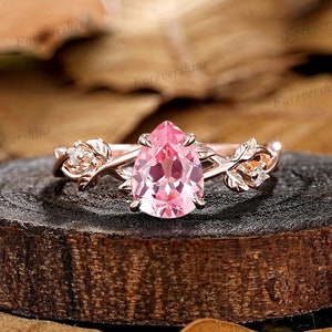 Dainty Pear Pink Sapphire Engagement Ring, Leaf Branch Nature Inspired Anniversary Ring, Solid Gold Custom Wedding Promise Rings For Women